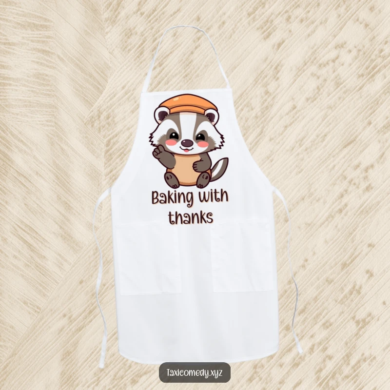 Funny apron depicting a badger character offering a happy, grateful nod after paying the taxi fare, perfect for the culinary enthusiast.