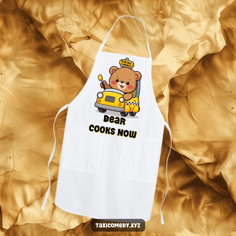 Funny bear flagging down a taxi, printed on a functional and humorous kitchen apron.