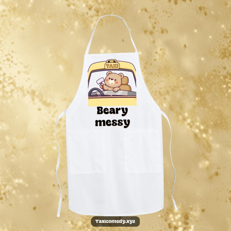 Funny bear character apron showing happy taxi windshield polishing, perfect for a cheerful cooking experience.