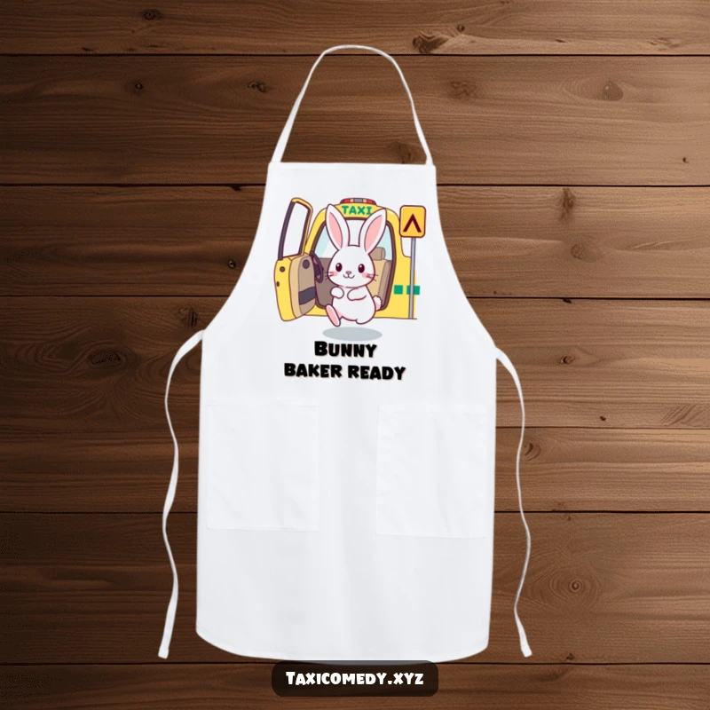 Rabbit hopping into a taxi, printed on a functional and humorous kitchen apron.