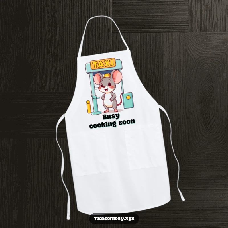 Funny happy mouse character humorously waiting at a taxi stand, adorning a kitchen apron.