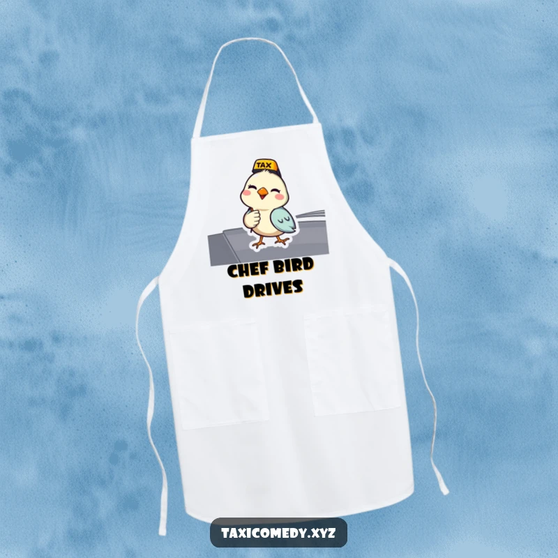 Funny bird apron with a bird acting as a taxi driver and giving a wink. A humorous apron.