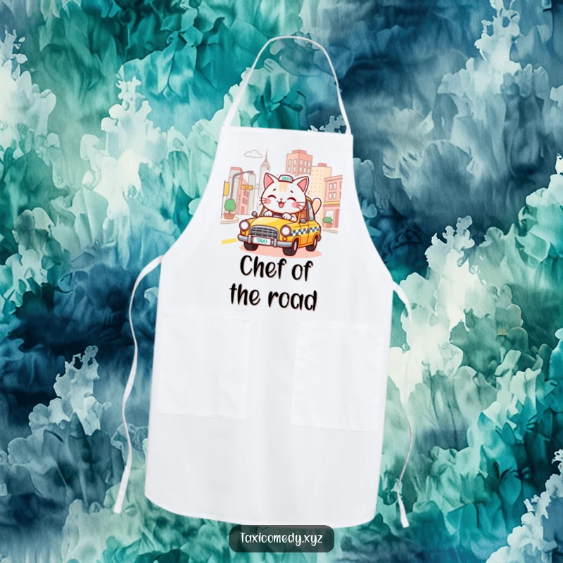 Funny kitchen apron with a cheerful cat character operating a taxi, designed for humorous cooking experiences.
