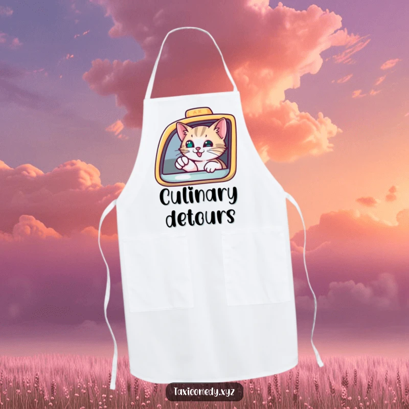 Funny Apron featuring a curious cat peering from a taxi window, pointing with a paw, adding humor to cooking.