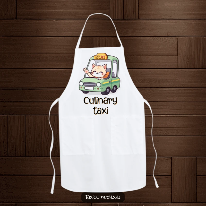 Funny apron: a cat driver in a taxi waves goodbye, a humorous accessory for kitchen journeys.