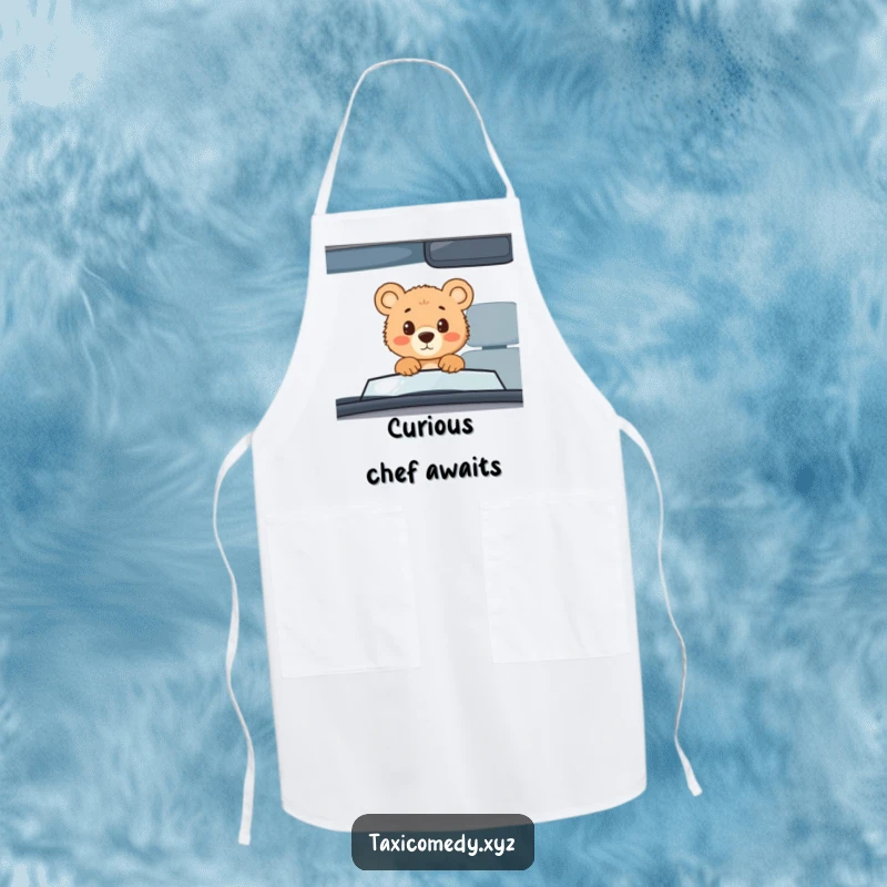 Funny bear cub taxi apron, durable apron with a design of a curious bear cub in a taxi, humorous kitchen wear.