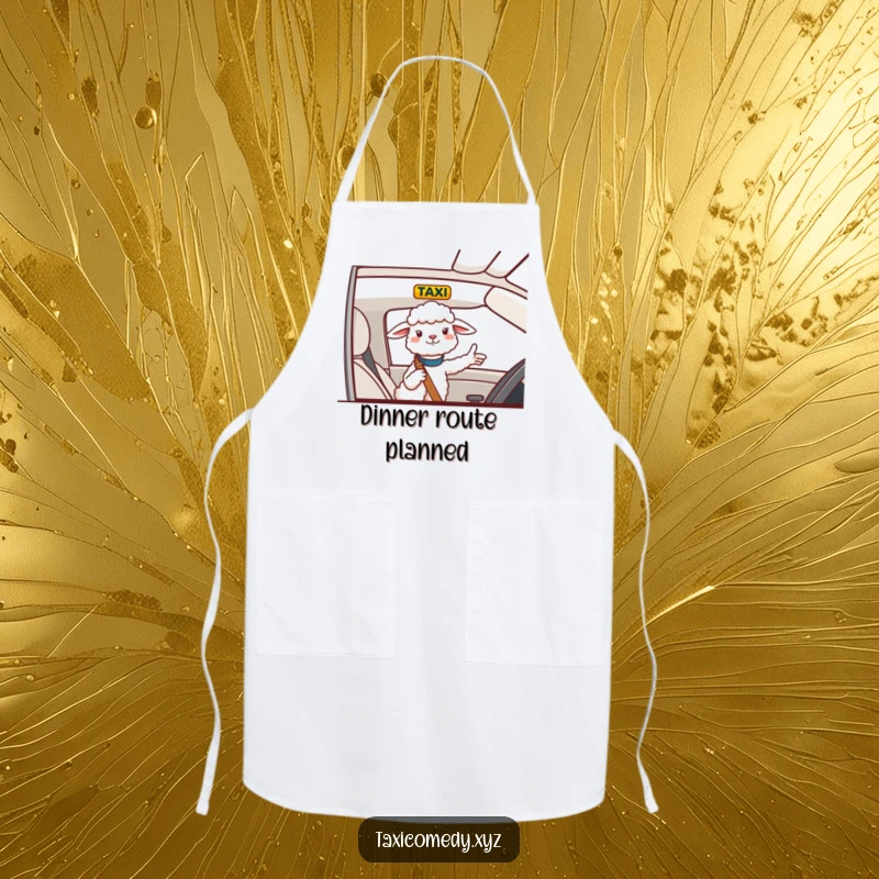 Funny Apron featuring a cheerful sheep giving directions from a taxi, adding humor to cooking.