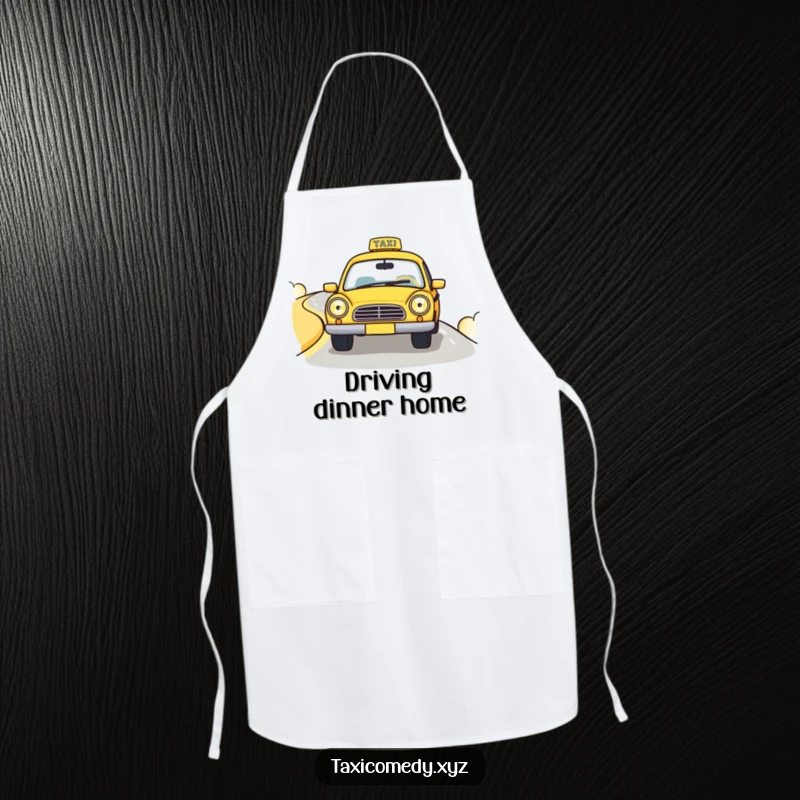 Funny apron featuring a cute taxi cab driving down a winding road, ready for kitchen duty with automotive humor.