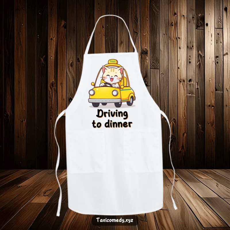 Funny Cat Apron: A happy cat drives a yellow open-top taxi, ready for cooking.