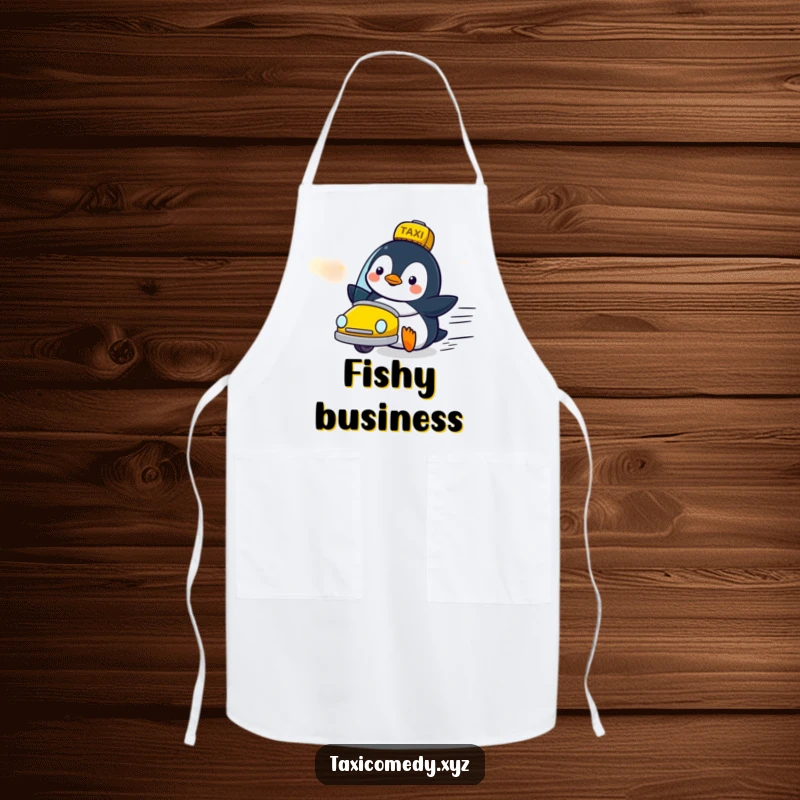 Funny penguin character apron looking delighted as a taxi zooms by, perfect for a cheerful cooking experience.