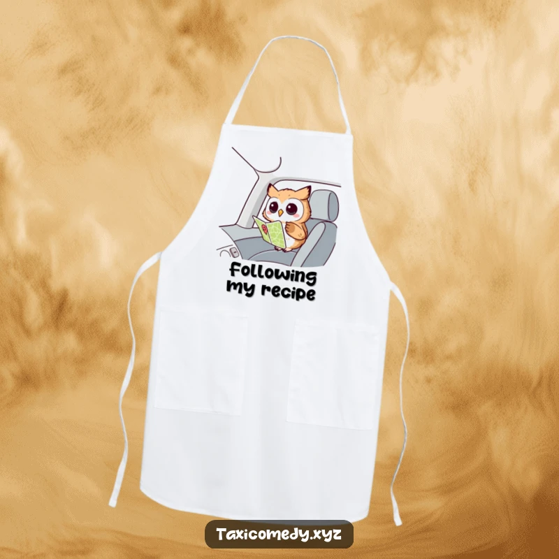 Funny Owl Navigator Apron: A curious owl looking at a map, designed for humorous and practical kitchen use while cooking.