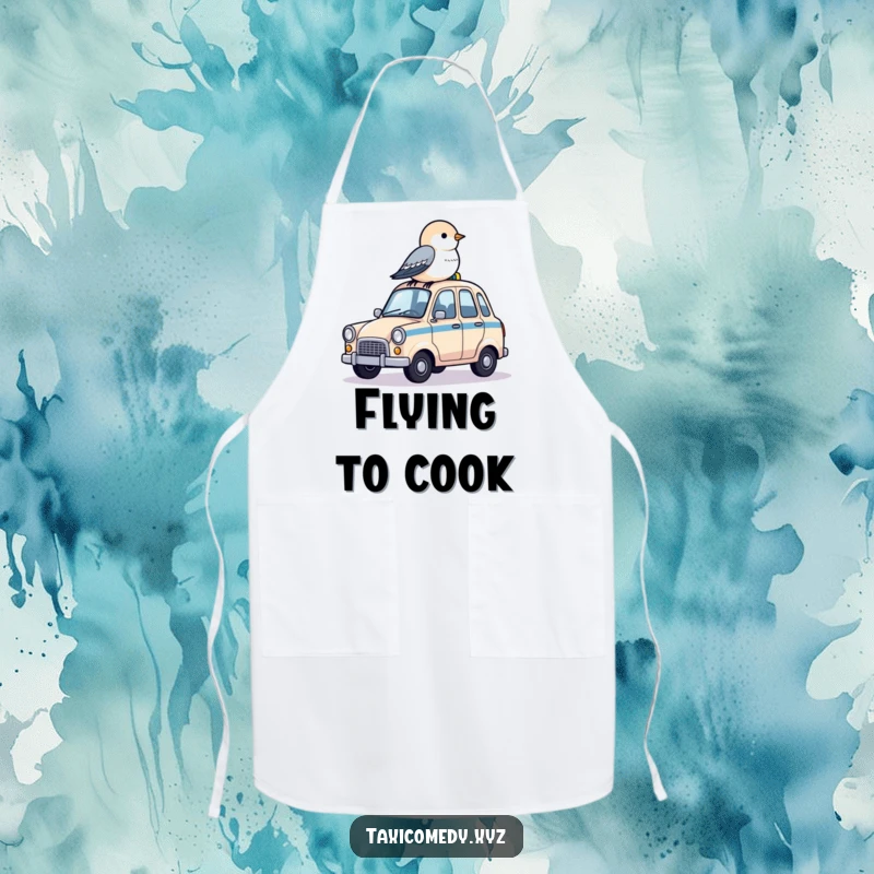 Funny apron showing a small bird perched on a tiny taxi roof, perfect for kitchen fun.