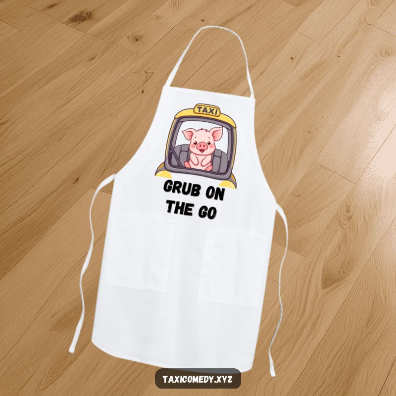 Funny apron showing a happy piglet riding in a taxi, perfect for kitchen fun.