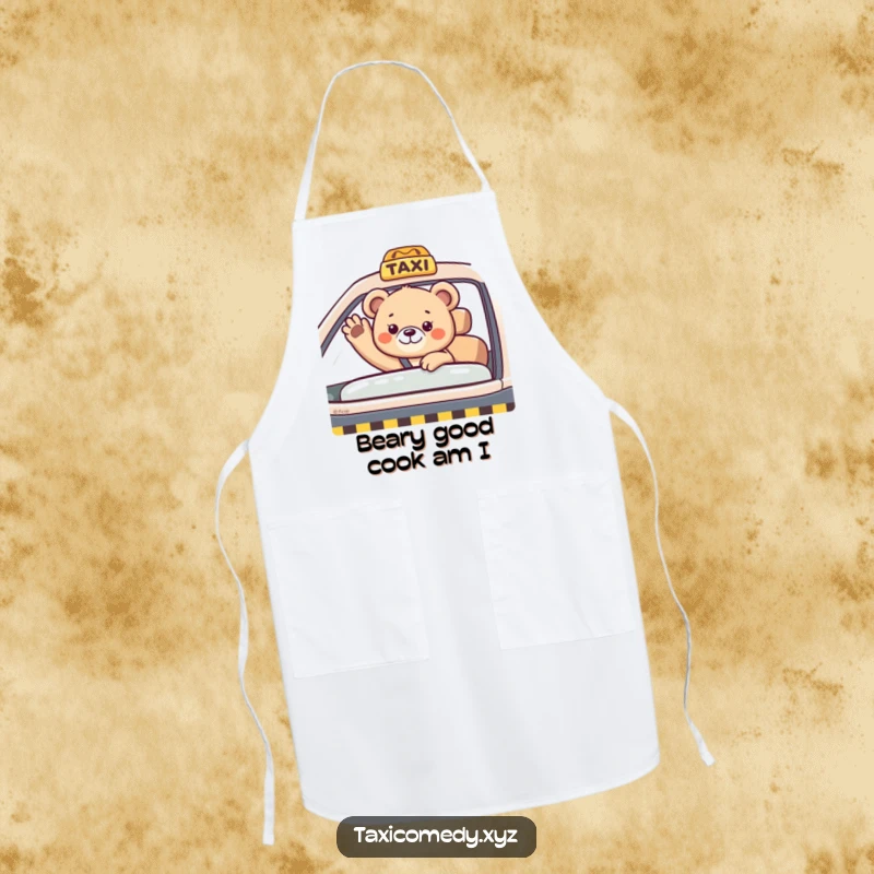 Funny bear cub waving from a taxi's passenger seat. This apron is a cute and functional kitchen accessory with a humorous touch.