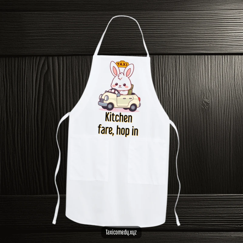 Funny fluffy bunny taxi driver nodding, welcoming passengers, useful funny gift apron for kitchen enthusiasts.