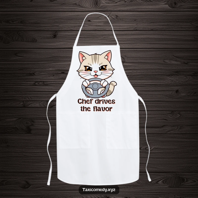 Funny cat apron showing a determined cat character ready to drive, perhaps to the grocery store for ingredients.