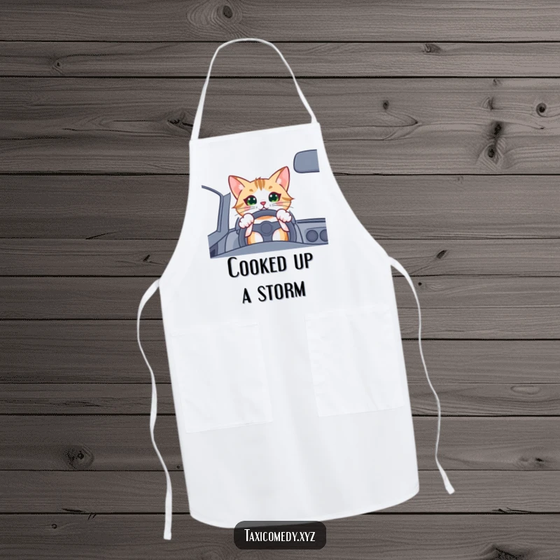 Funny cat driver apron, depicting an excited cat driving a car, ideal for kitchen fun and protecting clothes.