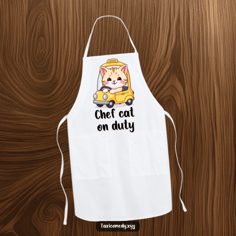 Funny kitchen apron featuring a cute, smiling cat driving a tiny yellow taxi, ready for culinary adventures.