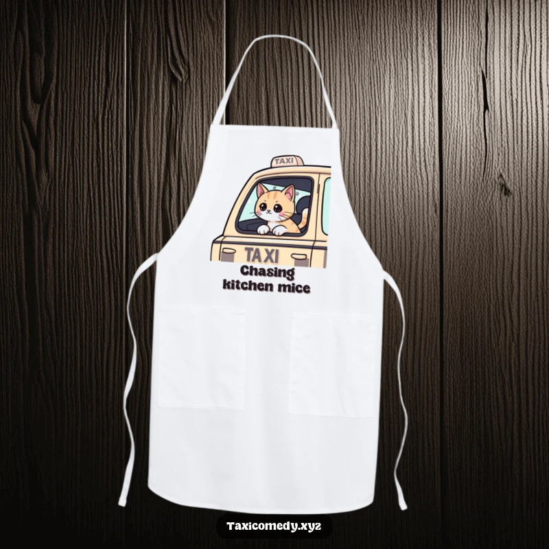 Funny Cat apron featuring a cat passenger with its head out of a taxi window, bringing humorous charm to the kitchen.