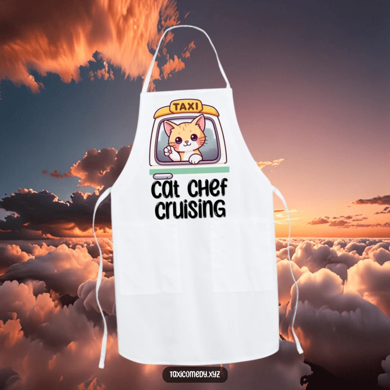 Funny cat waving from a taxi window, printed on a functional and humorous kitchen apron.