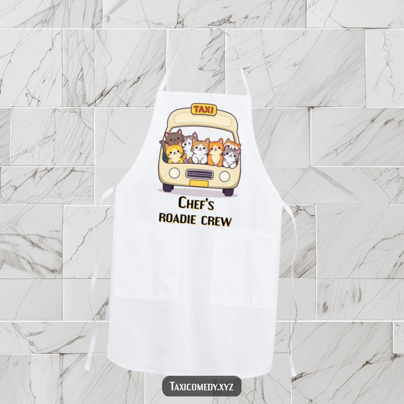 Funny cat taxi apron depicting a cheerful group of cats packed into a taxi, perfect for a humorous and protective kitchen experience.
