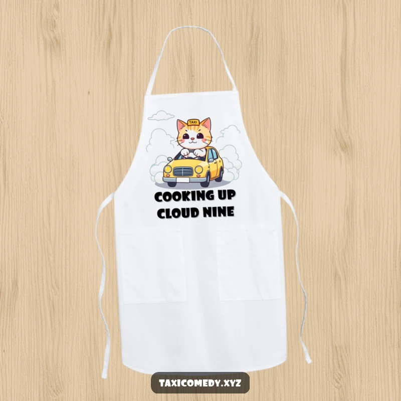 Funny apron showing a cat steering a taxi down a road made of clouds, perfect for cooking or hosting with humorous whimsy.