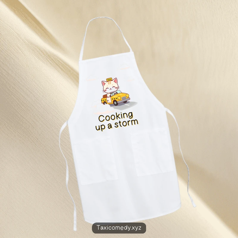 Funny apron featuring a cat steering a taxi down a whimsical road made entirely of clouds.