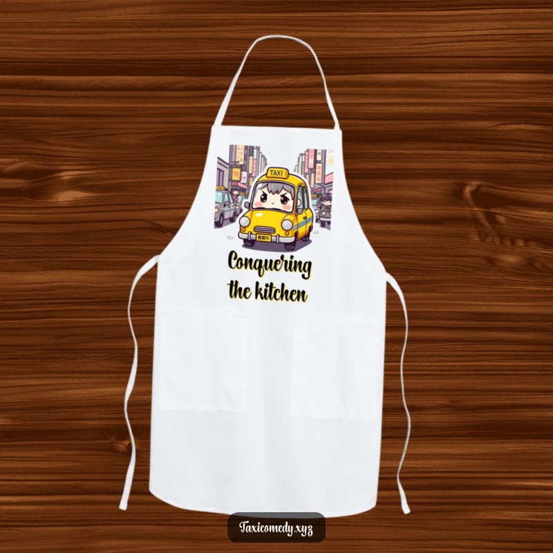 Funny Determined Taxi Apron showing a taxi character with a determined expression navigating crowded city streets, bringing urban humor to the kitchen.