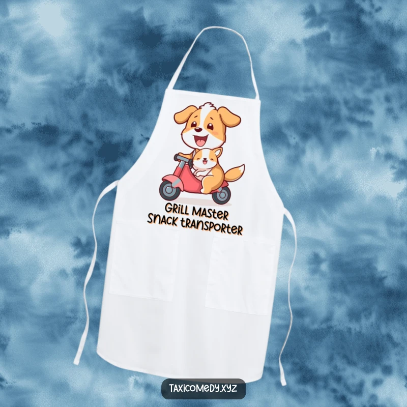 Funny apron showing a happy dog giving a ride to a smaller animal passenger, perfect for cooking or hosting with humorous flair.