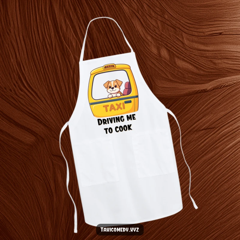 Funny dog taxi apron, durable kitchen wear with a dog in a taxi design, humorous and practical for chefs.