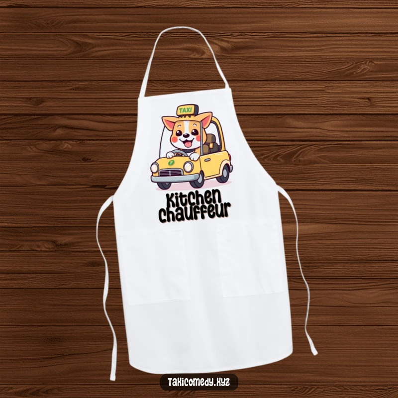 Funny apron showing a happy dog character smiling while driving a small taxi, ready for kitchen fun.