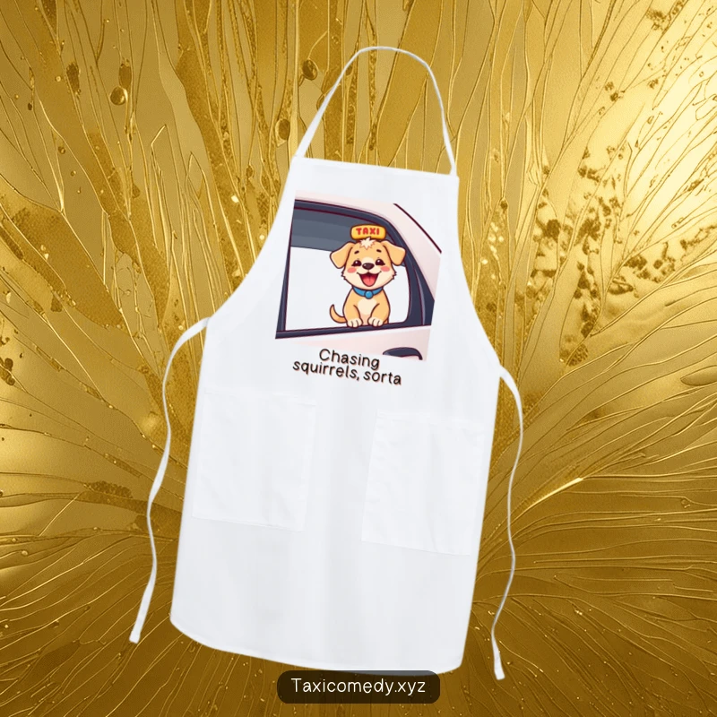 Funny energetic puppy in taxi window, happy bark, useful funny gift apron for cooks and dog fans.