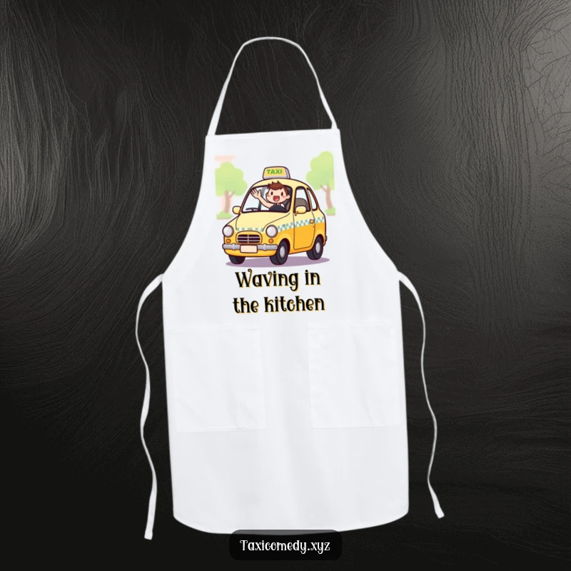 Funny apron featuring an excited taxi driver waving from the window, ready for kitchen duty with automotive humor.