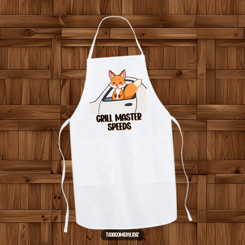 Funny fox apron with a cheerful fox enjoying a fast taxi ride with its head out the window. A humorous apron.