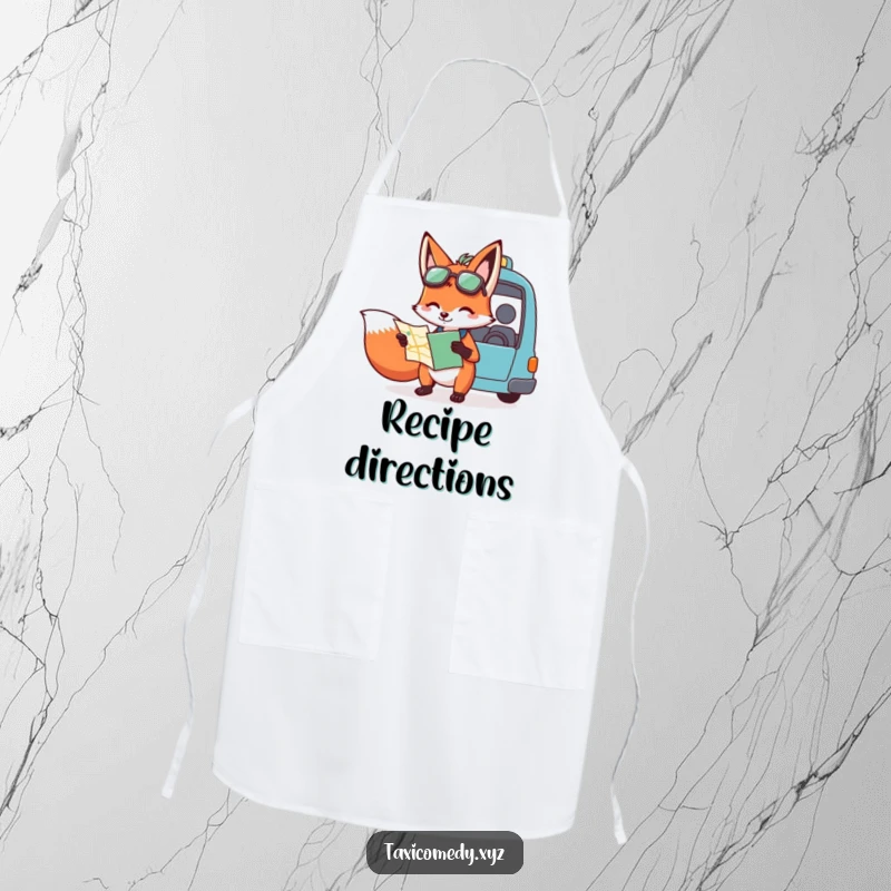 Funny apron design showcasing a fox holding a map and giving directions to a taxi driver, ideal for cooks who enjoy a touch of whimsical intelligence.