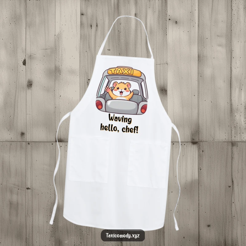 Funny hamster taxi apron, kitchen garment with a hamster waving from a taxi, humorous and practical.