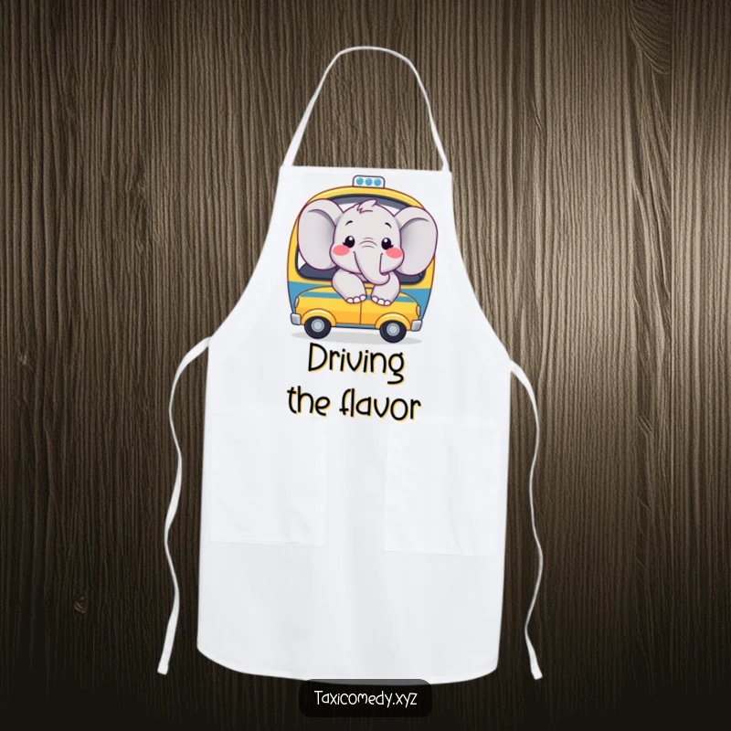 Funny apron with a joyful elephant with big smiles, looking out the window of a toy taxi, ready for kitchen action.