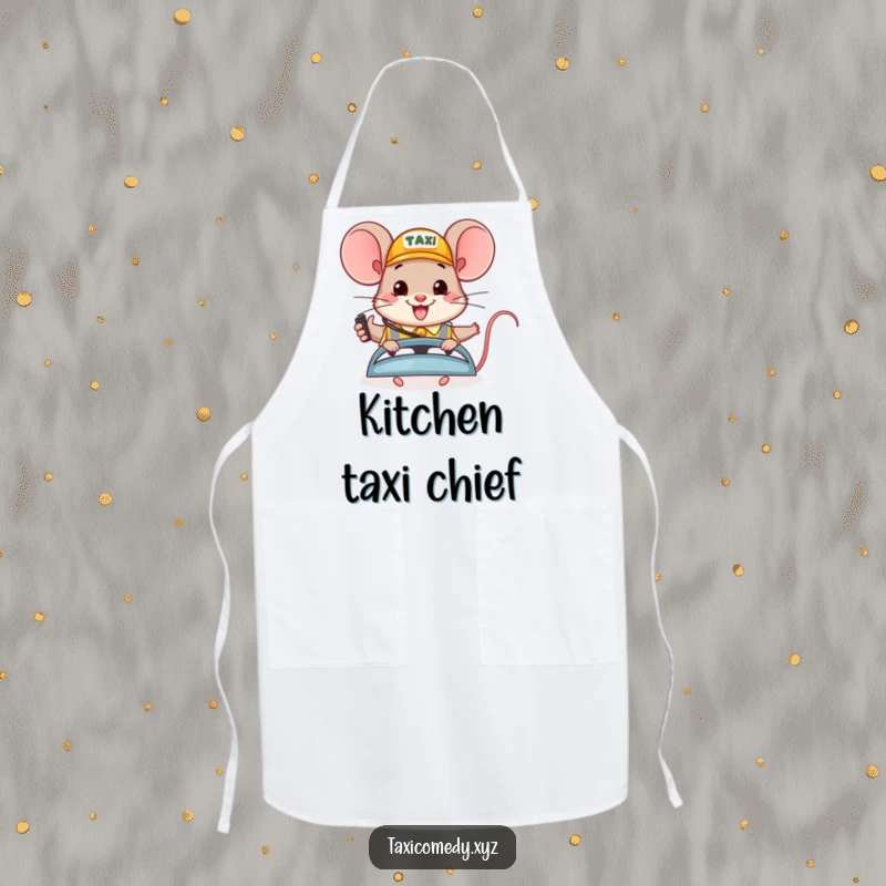 Funny apron: a happy mouse character cheerfully dispatches taxis, a humorous accessory for kitchen cheer.