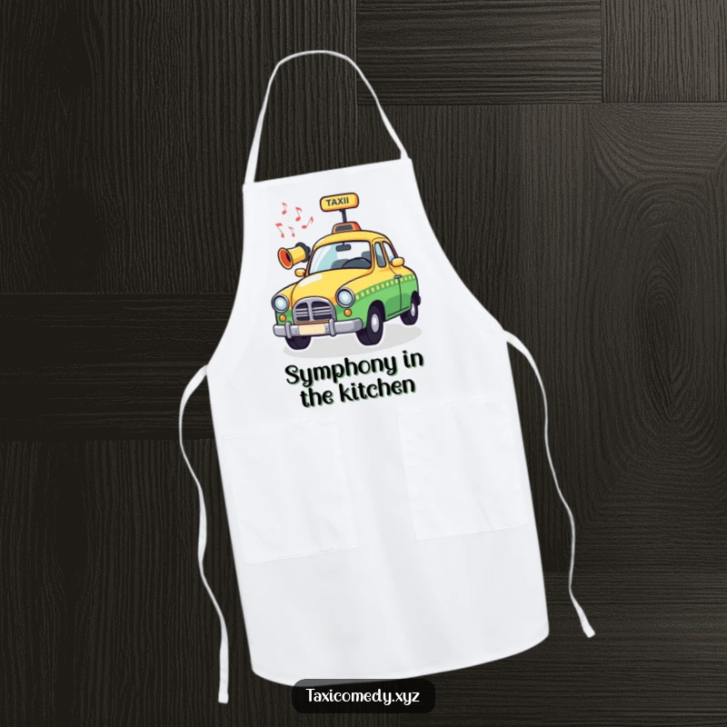 Funny Musical Taxi Apron showing a whimsical taxi horn emitting musical notes, bringing humorous musical vibes to the kitchen.