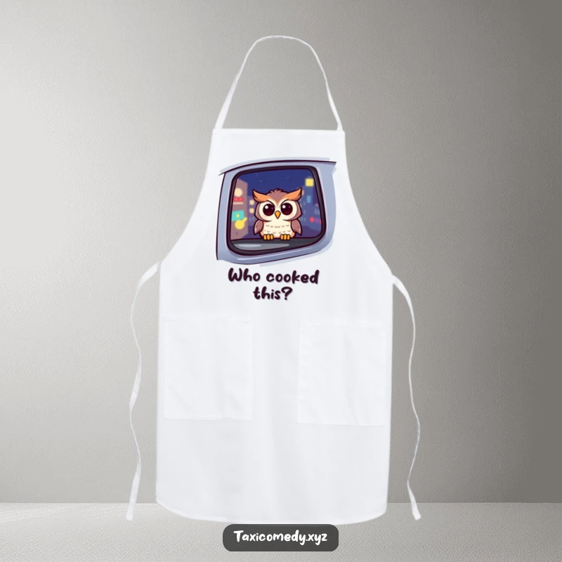 Funny owl apron featuring a cheerful owl in a taxi at night, perfect for adding humor to cooking and kitchen activities.
