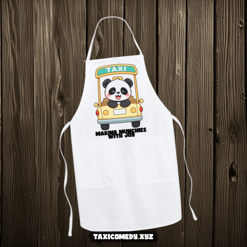 Funny panda joyfully riding in the back of an open-top taxi. This apron is a cute and functional kitchen accessory with humor.