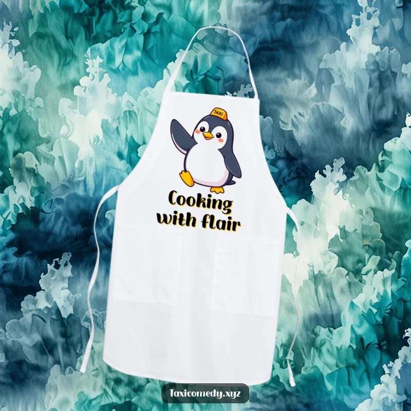Funny apron depicting a cheerful penguin humorously signaling for a taxi, perfect for the culinary enthusiast who enjoys a good laugh.