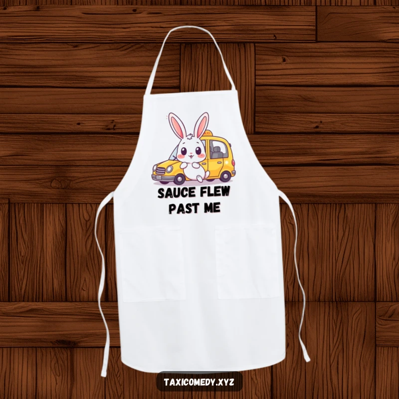 Funny rabbit apron with a surprised bunny watching a taxi speed past happily. A humorous apron for cooking.