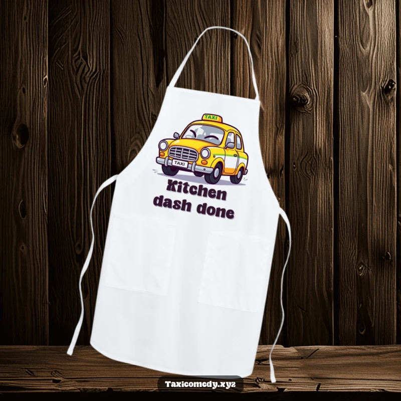 Funny apron with a stylized taxi winking as it speeds off, bringing humor and protection to kitchen adventures.