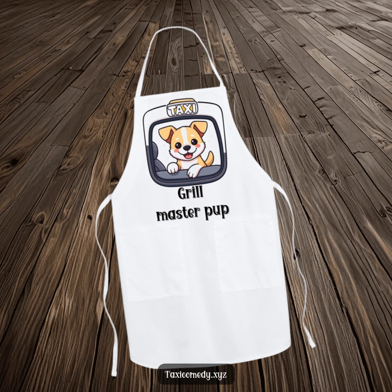Dog sticking its head out of a taxi window, printed on a functional and humorous kitchen apron.