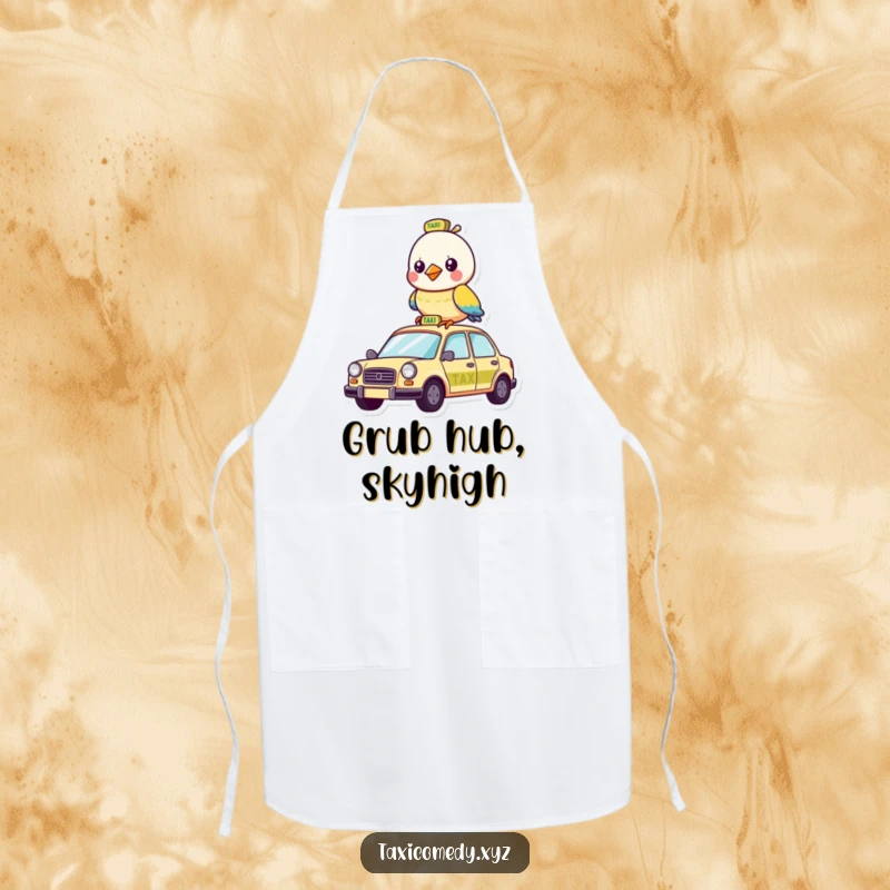 Funny apron with a whimsical bird humorously enjoying a taxi ride, perfect for kitchen fun.