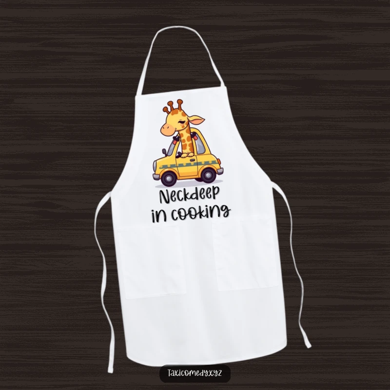 Funny giraffe character humorously squeezing into a small taxi, adorning a kitchen apron.