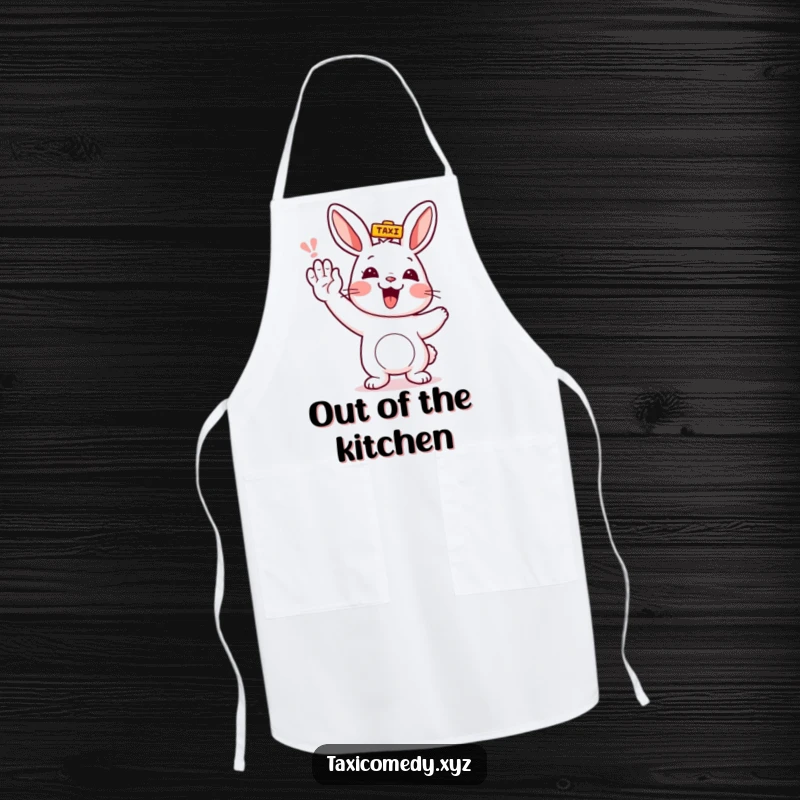 Funny rabbit character humorously hailing a taxi, adorned on a kitchen apron for cheerful cooking.