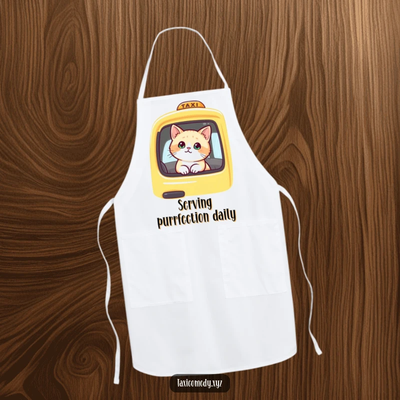 Funny cat in a yellow taxi, ready for an adventure. This apron is a humorous and practical kitchen essential for animal lovers.