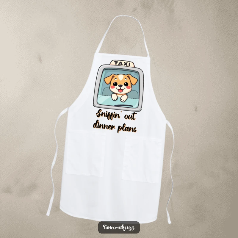 Funny Dog Taxi Apron: A cute dog with its head out of a taxi window, printed on an apron for a humorous cooking experience.